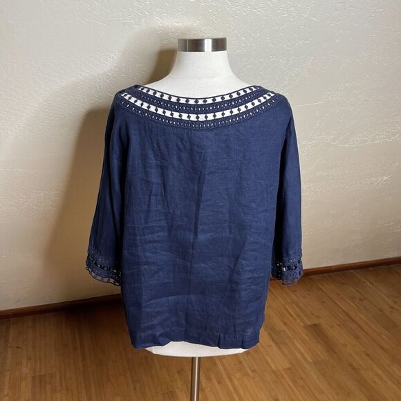 J Jill Love Linen Top Small Petite Navy Blue 3/4 Sleeve Crochet Lace Boxy - Picture 5 of 7